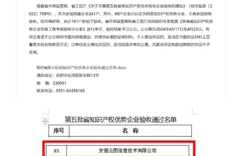 頭條 | 安徽云圖獲評(píng)“第五批安徽省知識(shí)產(chǎn)權(quán)優(yōu)勢(shì)企業(yè)”